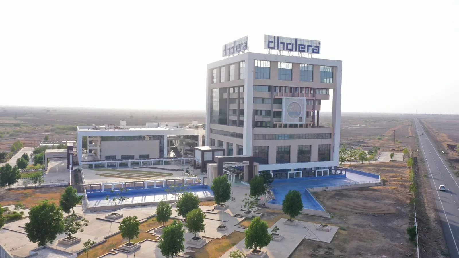 Aerial view of the ABCD building and Activation Area road grid in Dholera SIR